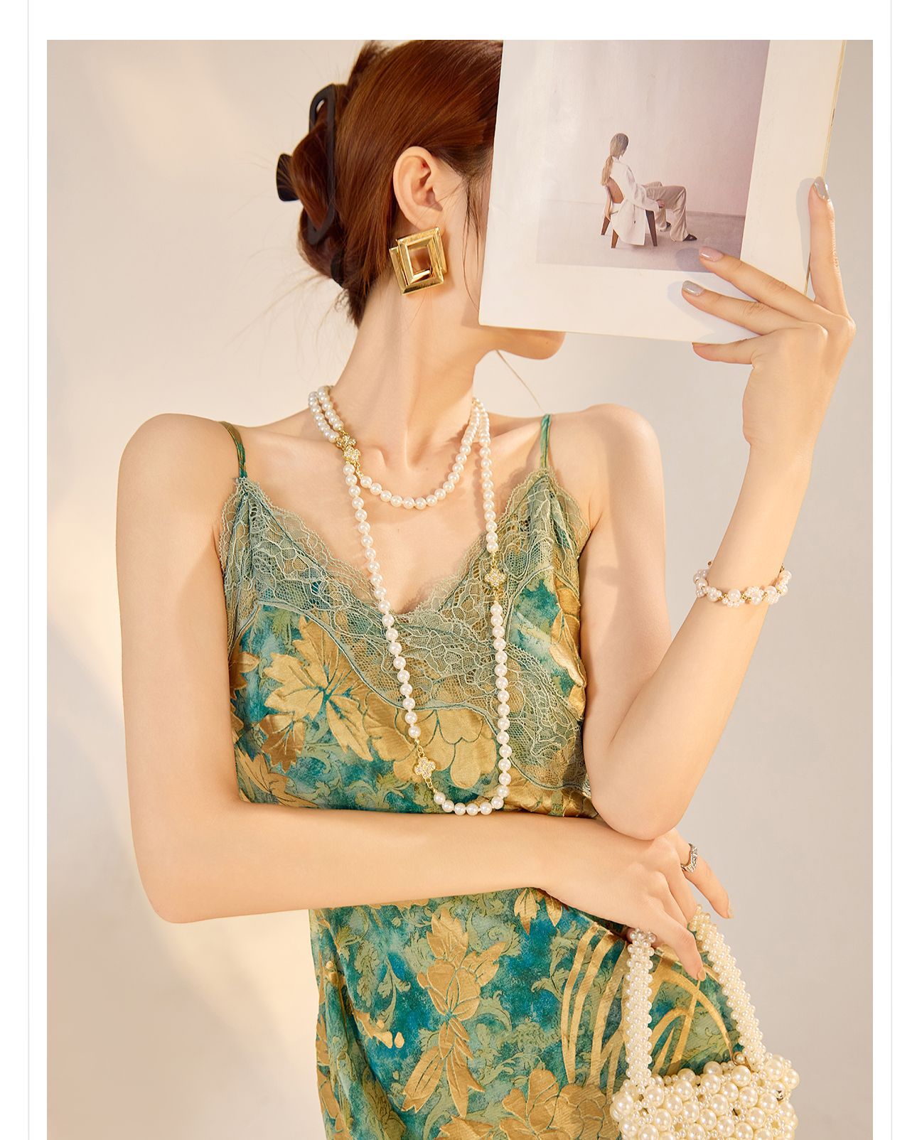 Đầm dây ôm body phong cách Trung Hoa in họa tiết mùa hè N3076 — Xanh bạc hà chi tiết 17