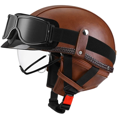 Motosiklet kaskı (dəbilqə) — car helmet Japanese scoop helmet - brown-leather-transparentsquare-retro-mirror-m