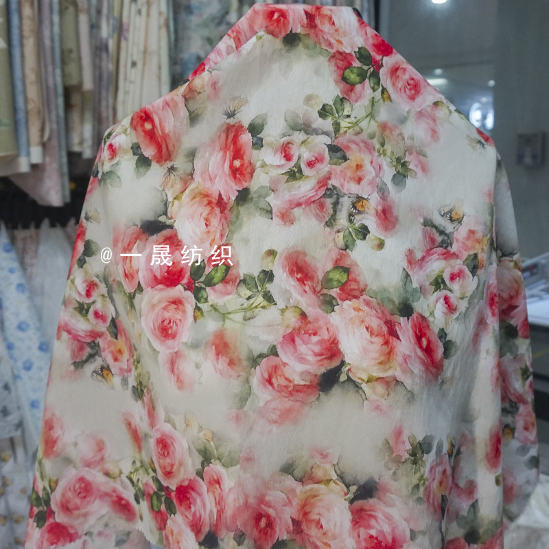 繁花玫瑰女人味印花布料新中式子母条单丝麻锦棉天丝麻连衣裙面料