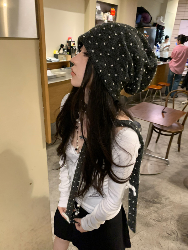 韩系博主慵懒风波点冷帽窄版围脖保暖显脸小针织帽毛线帽堆堆帽女|undefined