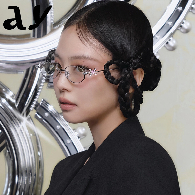2025 New Jennie Style Gm Eyeglass Frame Fashion Diamond-Studded Plain Small Eyeglass Frame Non-Prescription Diamond Oval