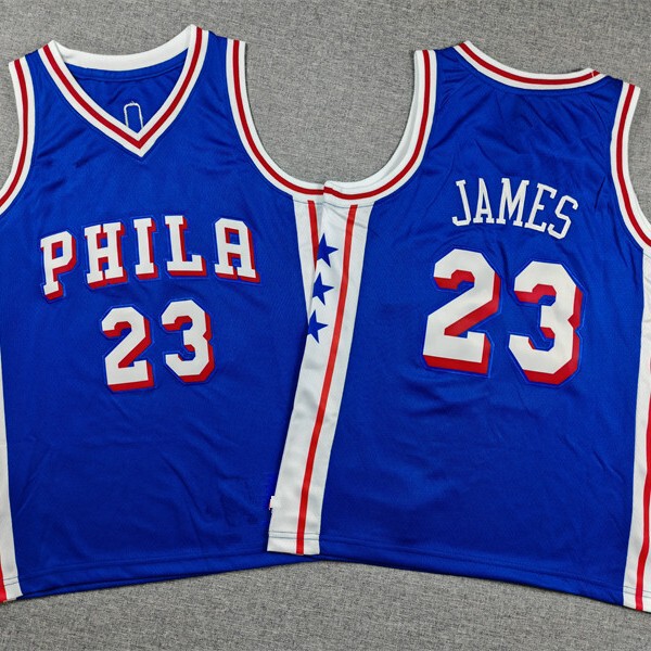 Children's basketball jersey in stock, embroidered jersey, children's clothing, Philadelphia 76ers James No. 23 blue vest Children's basketball jersey in stock, embroidered jersey, children's clothing, Philadelphia 76ers James No. 23 blue vest