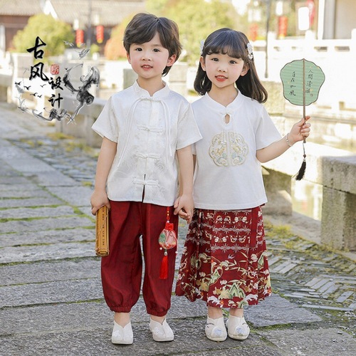 Children's Traditional Chinese Hanfu Sister and Brother Costume Kindergarten Performance Suit for Boys and Girls Spring and Summer Mamian Skirt Short Sleeve Set