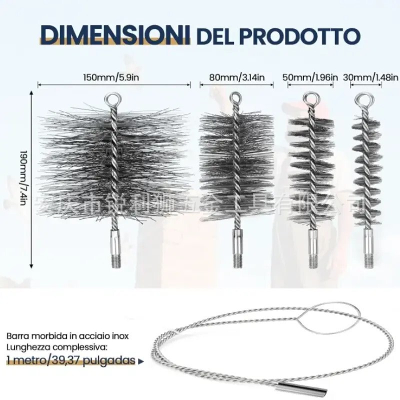 With M12 Thread Chimney Brush 30,50,80,150mm Pipe Cleaning Brush with Long Rod Boiler Brush Set