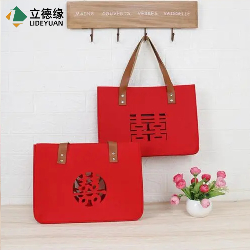 满月婚宴送礼包喜庆节日结婚回礼收纳袋 毛毡喜字镂空手提毛毡袋