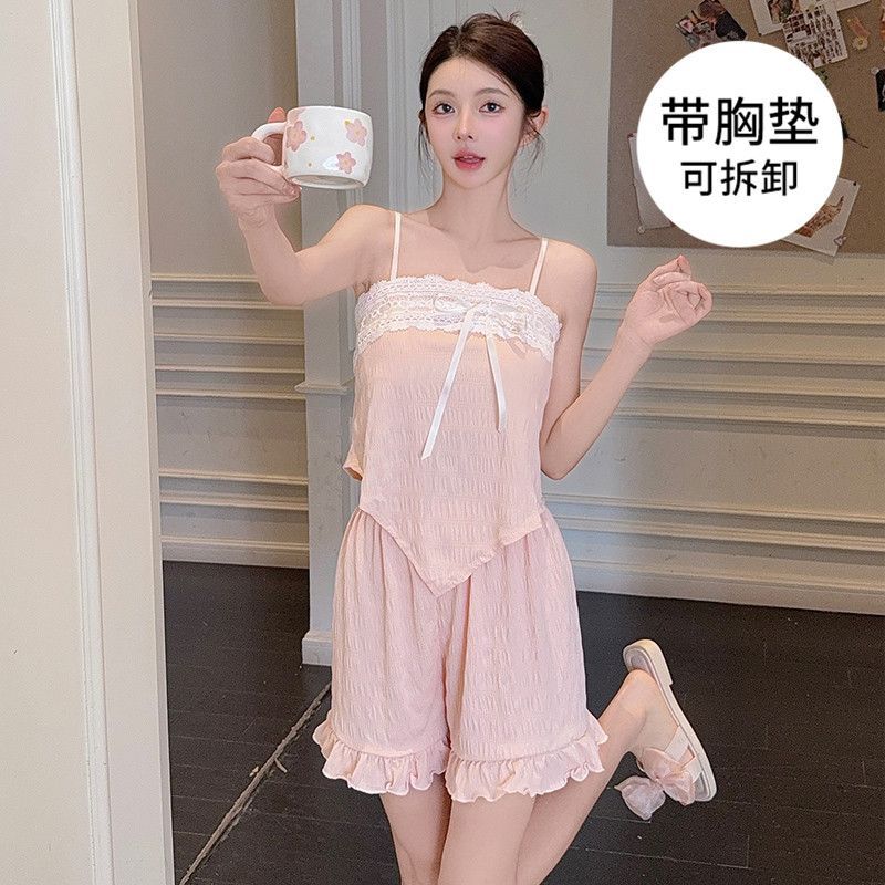 Pijamas jacquard de algodón de imitación al por mayor transfronterizo mujeres verano dulce con almohadilla para el pecho con tirantes traje de pantalones cortos