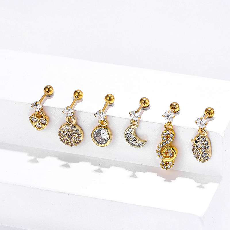 Heart Shape Pattern 1 Piece Stainless Steel Zircon Ear Cartilage Rings & Studs Heart Shape Plating Inlay 18K Real Gold Plated Unisex