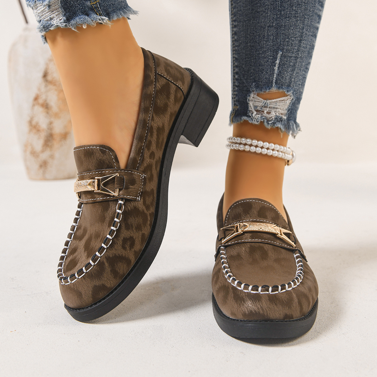 Retro loafers voor dames met metalen ketting en luipaardprint, plus size, lage schoenen, lente nieuw_voghion.com