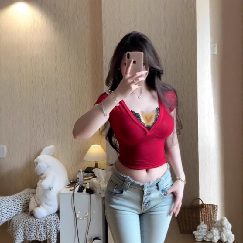Summer Hot Girl Design Waist Slimming Look Low-Cut Short Top Pure Lust Sexy Lace Splicing Short-Sleeved T-Shirt for Women
