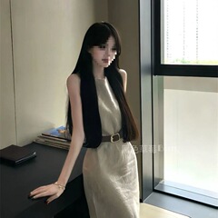 法式清冷感老钱风圆领背心亚麻连衣裙女夏季收腰显瘦气质A字长裙