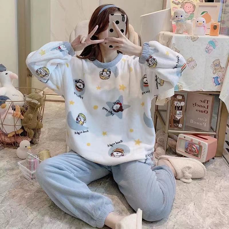 Otoño e Invierno de lana de coral pijamas para las mujeres de invierno engrosada lana forrada franela princesa estilo dulce estudiante primavera homewear traje