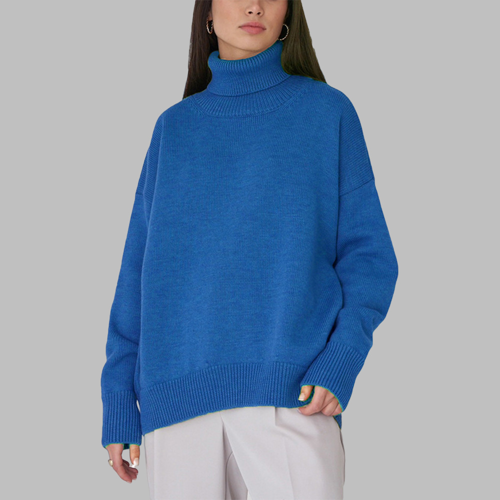 Comercio exterior transfronterizo de color sólido suéter de cuello alto mujeres Europa y América otoño y invierno suelto versátil clásico explosión camiseta de punto precio de fábrica al por mayor image 17