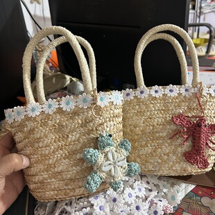 2025 New Straw Woven Cartoon Marine Life Children's Coin Purse Handmade Woven Portable Small Bag Student College Style