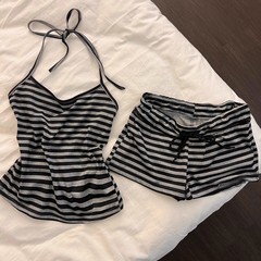 纯欲条纹系带挂脖小吊带睡衣女夏季辣妹带胸垫美背短裤家居服套装