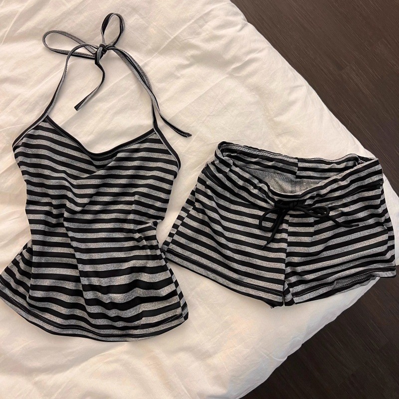 纯欲条纹系带挂脖小吊带睡衣女夏季辣妹带胸垫美背短裤家居服套装