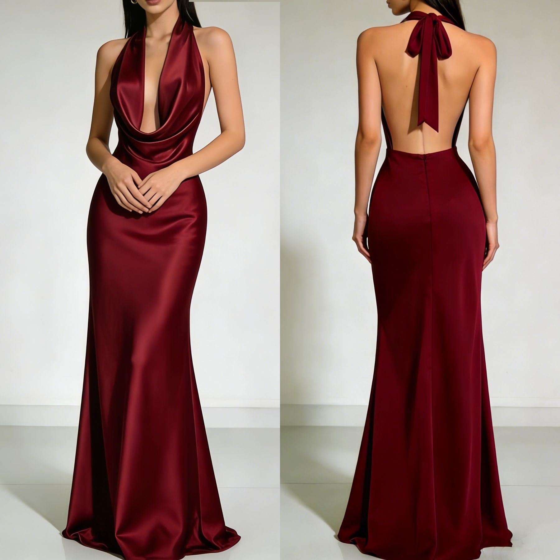 Cross-Border Foreign Trade 2026 Low-Cut Halter Neck Fashion Sexy Backless Evening Dress Elegant Satin Bridesmaid Dress