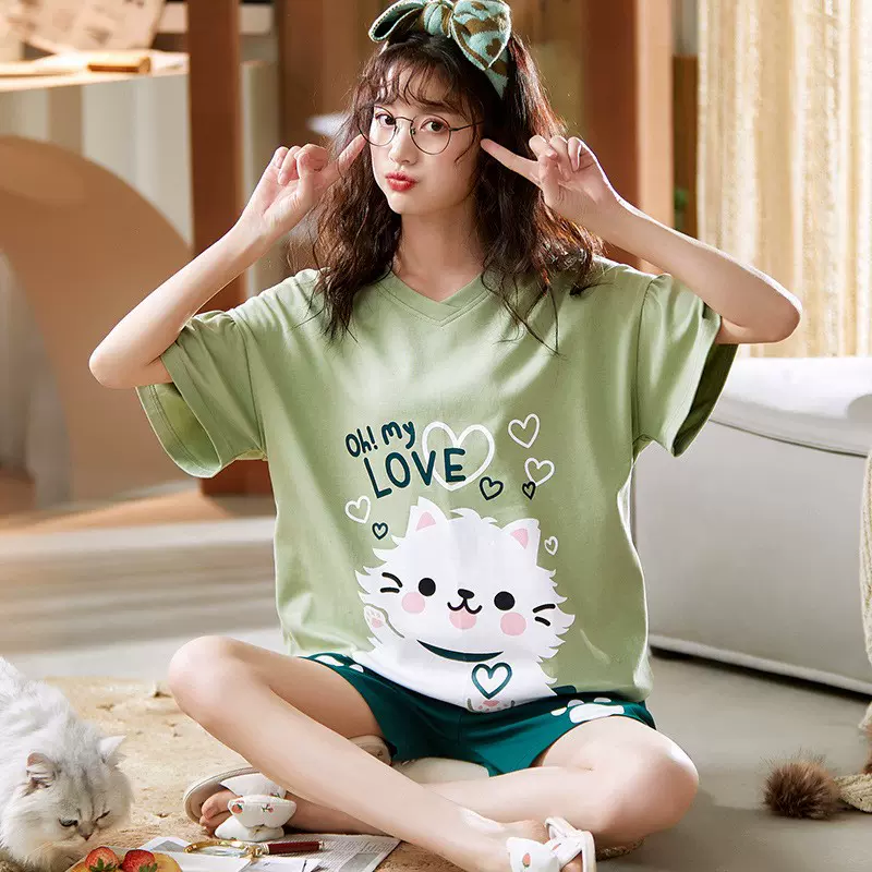 睡衣女夏季短袖纯棉短裤春夏季韩版卡通可爱宽松薄款套装家居服
