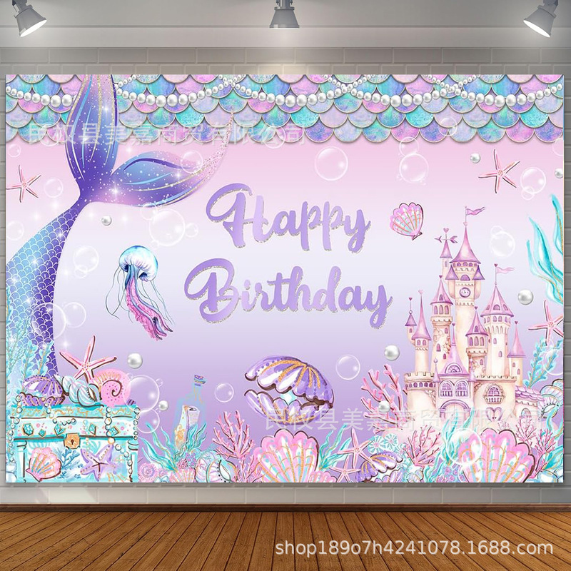 Amazon Underwater Castle Mermaid Theme Photography Background Cloth Children's Birthday Party Layout Scene Decoration
