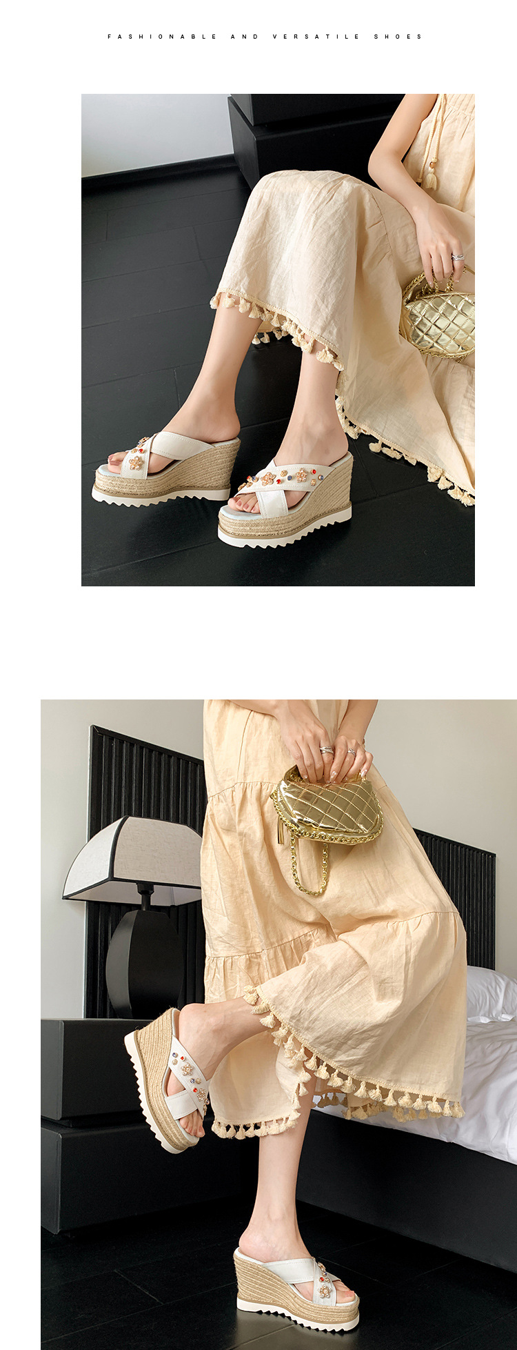 Sandal cao gót nữ hở mũi đế xuồng đan rơm, đính đá, quai ngang da thật — màu trắng ngà, màu kaki chi tiết 5