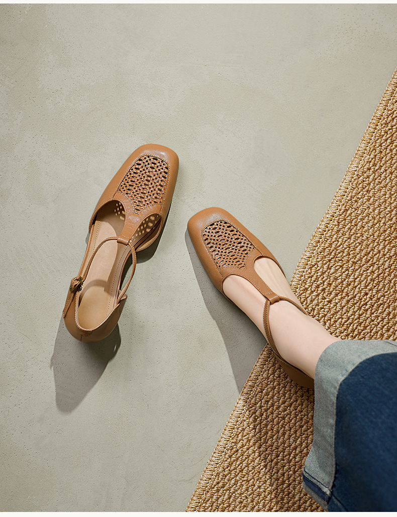 Sandal nữ da cừu thấp gót dệt vintage bít mũi quai chữ T — màu trắng ngà chi tiết 2