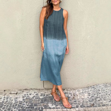 2025新款跨境亚马逊女装欧美夏女式休闲棉麻无袖开衩渐变连衣裙女