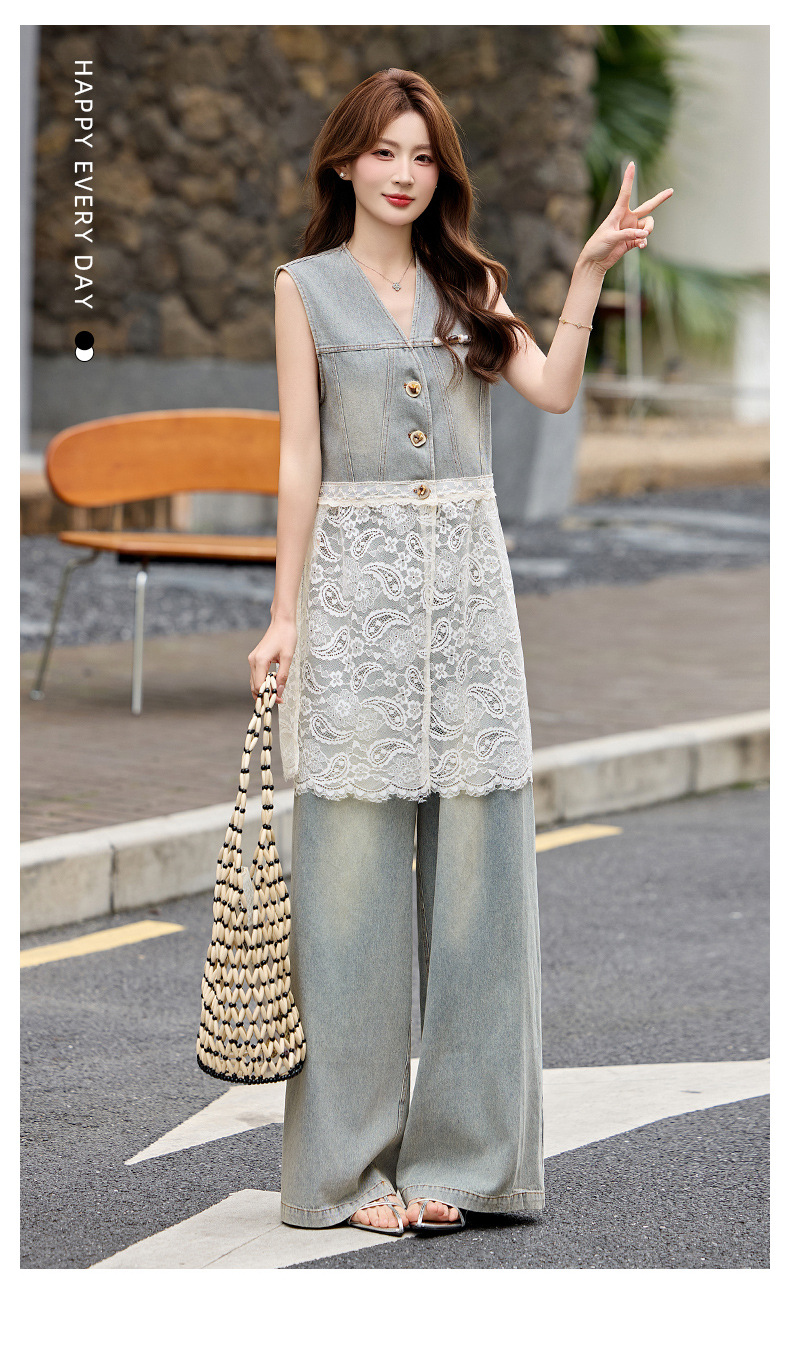 Bộ quần áo denim nữ gồm áo vest không tay và quần ống rộng AH8620 — Màu ảnh chi tiết 6