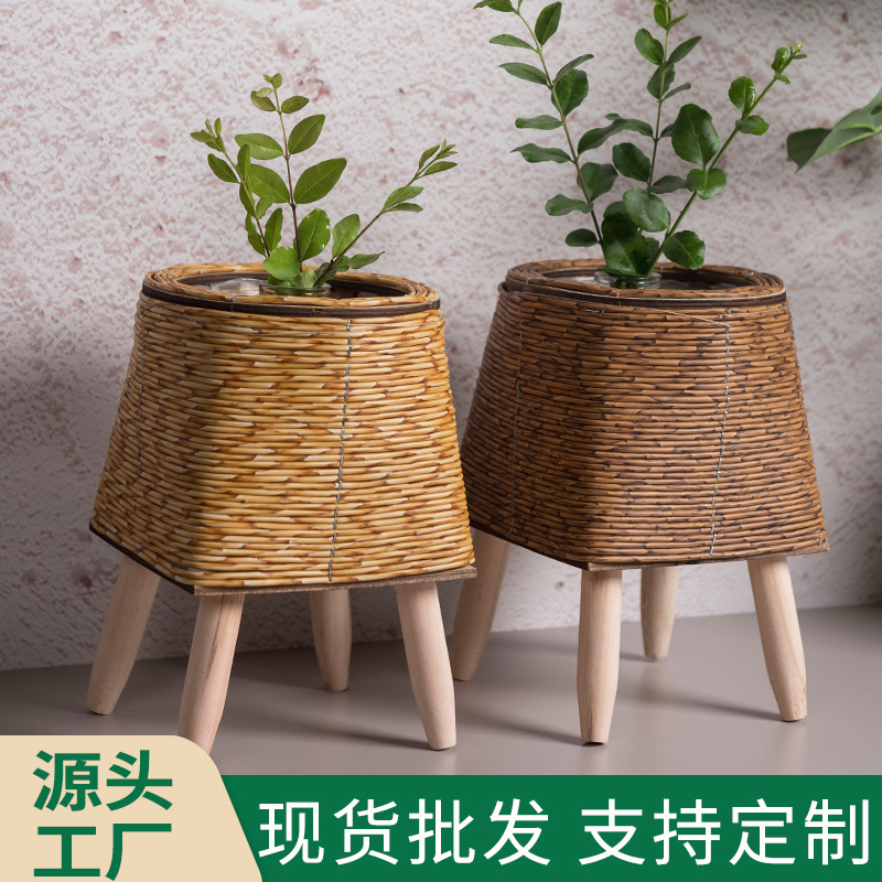 Estilo nórdico ratán creativo maceta soporte de paja cesta de flores sala de estar balcón piso soporte de flores decoración de escritorio