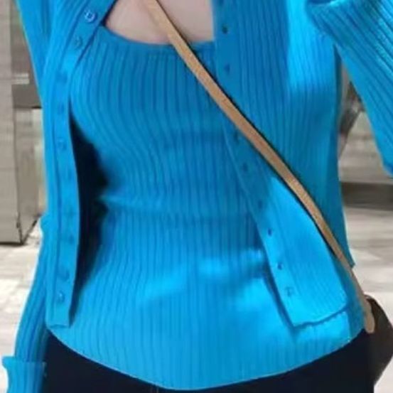 韩系减龄套装女春秋新款长袖纽扣宽松针织开衫纯色修身内搭两件套|undefined