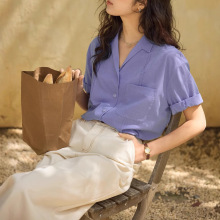 solighter 桑蚕丝古巴领短袖衬衫女夏季皱感衬衣