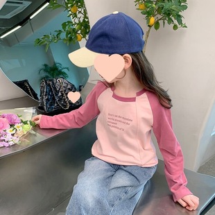 Girls' cotton-containing Korean-style letter top bottoming shirt autumn design color matching fashion long-sleeved T-shirt