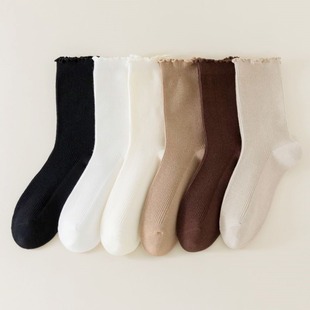 Double needle pit long socks combed cotton JK socks lace solid color pile socks wooden ear socks anti-Pilling Cotton