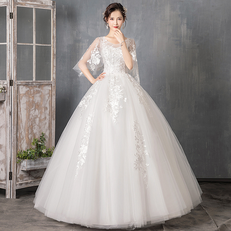 Vestido de novia de manga larga estilo 2026, de cintura alta y cola, para novias jóvenes, delgadas y pequeñas, vestido de boda de una pieza, venta al por mayor.