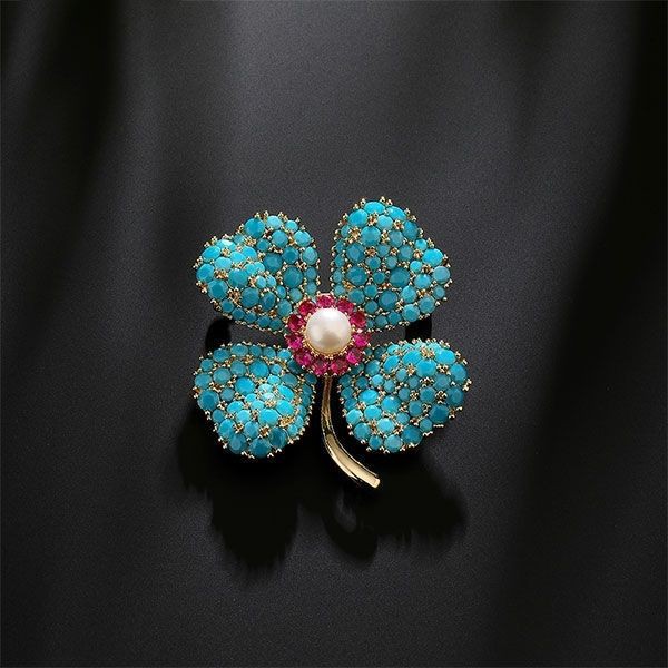 Blue Turquoise Lucky Four-Leaf Flower Brooch for Women Inlaid with High-End Exquisite Freshwater Pearl Brooch Suit Coat Corsage