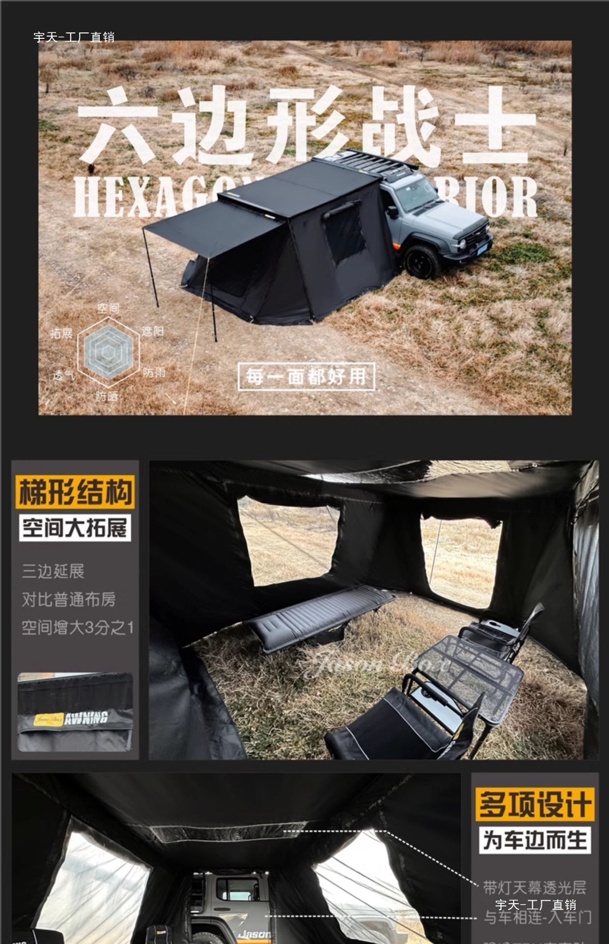 Jensen Outdoor Blackened Car Side Tent Black Rubber Canopy Tent Aluminum Side Tent Off-road Awning Camping Room Car Yutian