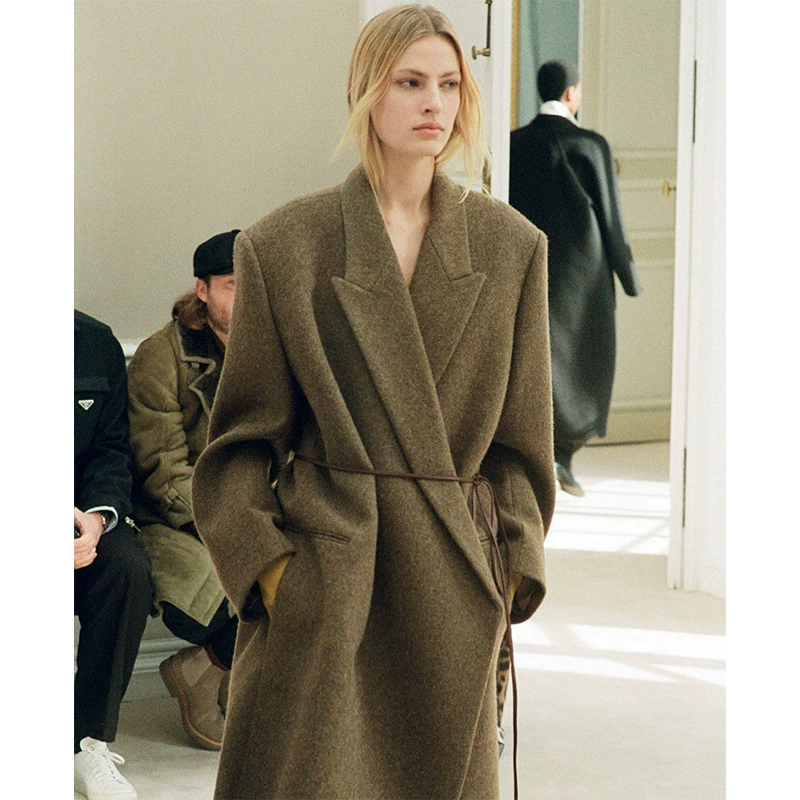 Woolen demi-season classic long minimalistic belt, woolen coat