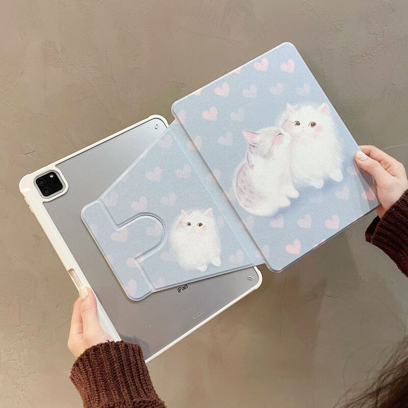 Cute Heart-Shaped Cat iPad Protective Case with Magnetic Suction, 2021 Model Pro Tablet with Pen Slot, 11inch Cartoon