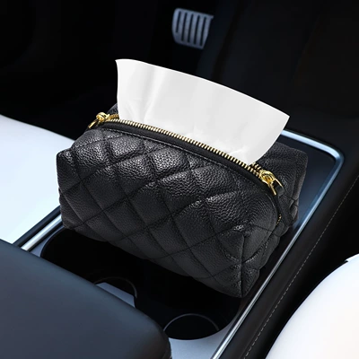 Car Tissue Box with a Light Luxury and High-End Feel, Small Chanel-Style Leather Car Armrest Box Hanging Type Car Tissue Holder (Car tissue box/set) - black