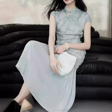 新中式轻国风改良蓝色连衣裙女2024夏新款气质修身包臀温柔风长裙