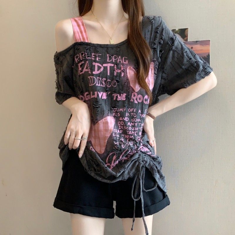 大码重工破洞蝴蝶贴布抽绳短袖t恤女2025春夏新款宽松显瘦上衣女|undefined