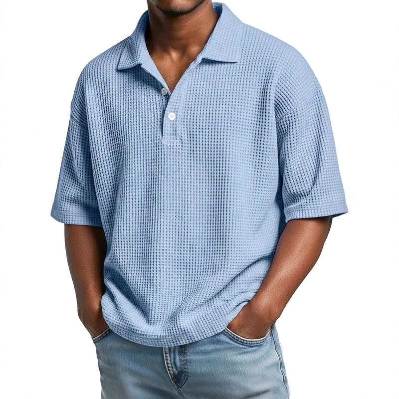 European and American Cross-Border Men's Summer Simple Basic Waffle Button-Down Polo Shirt Short-Sleeve New Style Top for Men European and American Cross-Border Men's Summer Simple Basic Waffle Button-Down Polo Shirt Short-Sleeve New Style Top for Men