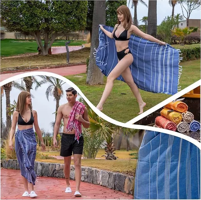 Turco con nappe, scialle a righe, logo personalizzabile, asciugatura rapida, telo mare spesso_voghion.com