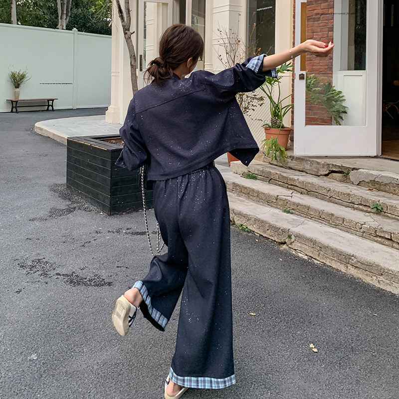 深蓝色烫钻气质休闲套装女秋2025新款长袖夹克阔腿裤两件套送腰带|undefined