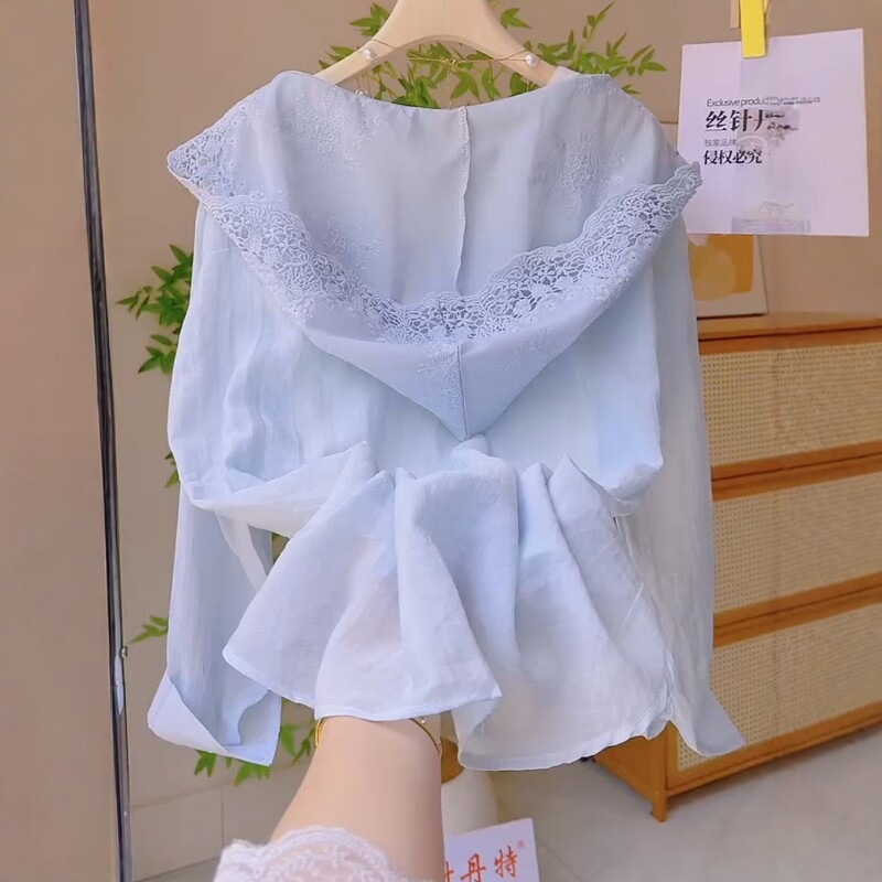 十三行法式温柔风甜美蕾丝拼接连帽防晒衬衫女夏宽松显瘦洋气衬衣