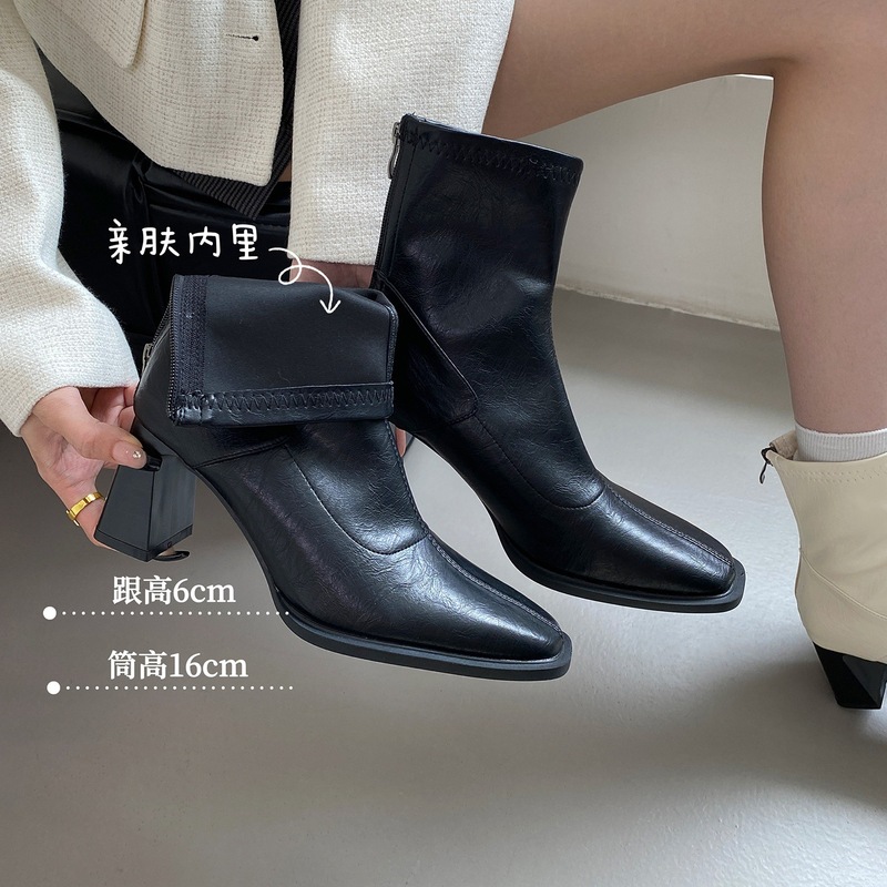 Ali guifei  高跟杏色瘦瘦靴短靴女鞋2025秋季单靴方头马丁靴法式|undefined