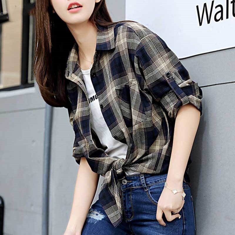 Trendy Large Bow Korean Style Loose Slimming Striped Retro Plaid Long-Sleeve Shirt for Women, Plus Size, Mid-Length Shirt
