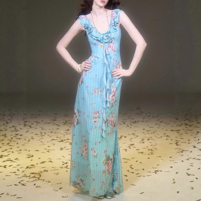 Runrunsweet Original Glacier Rose Lace Suspender Floral Dress Fishtail Skirt Blue Ribbon Long Skirt Runrunsweet Original Glacier Rose Lace Suspender Floral Dress Fishtail Skirt Blue Ribbon Long Skirt