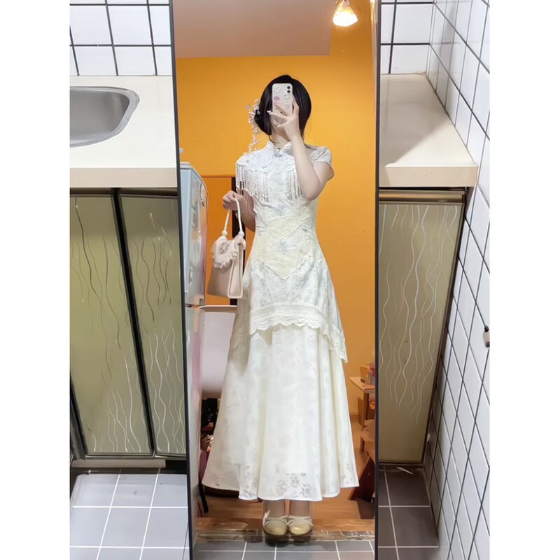 Unique and Beautiful New Chinese Style Improved Cheongsam dress Women's 2025 Summer New Fake Two Piece Hollow Floral Skirt
