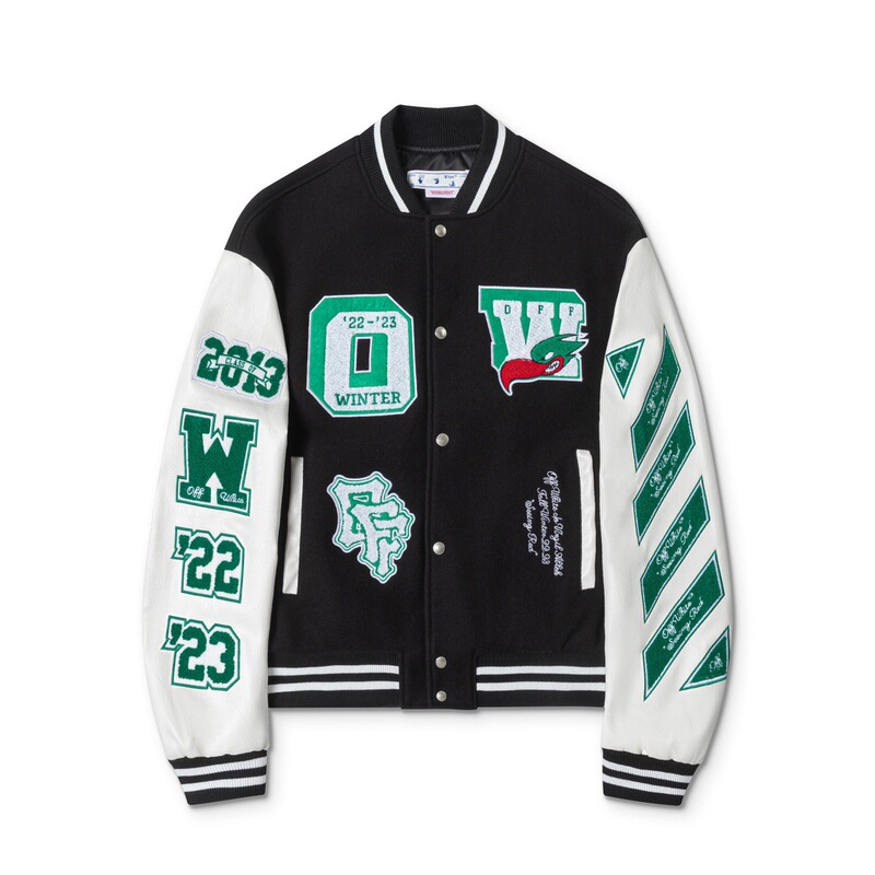 Cross-Border High-Quality Off White 2024 Autumn and Winter New Heavy-Duty Embroidered Leather Patchwork Baseball Jacket Couple's Style