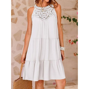2024 Summer Hollow Backless dress Casual Sleeveless A- line Layered Swing Vacation Dress Beach Mini