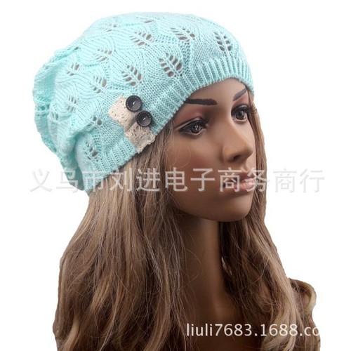 European and American style new knitted hat, leaf lace button wool warm hat, women's beanie, beret